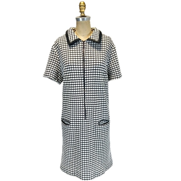 VINTAGE MCM houndstooth check day dress midi short sleeve pockets mid century - Picture 3 of 14
